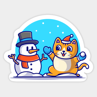 Cute Cat With Snowman Cartoon Vector Icon Illustration Sticker